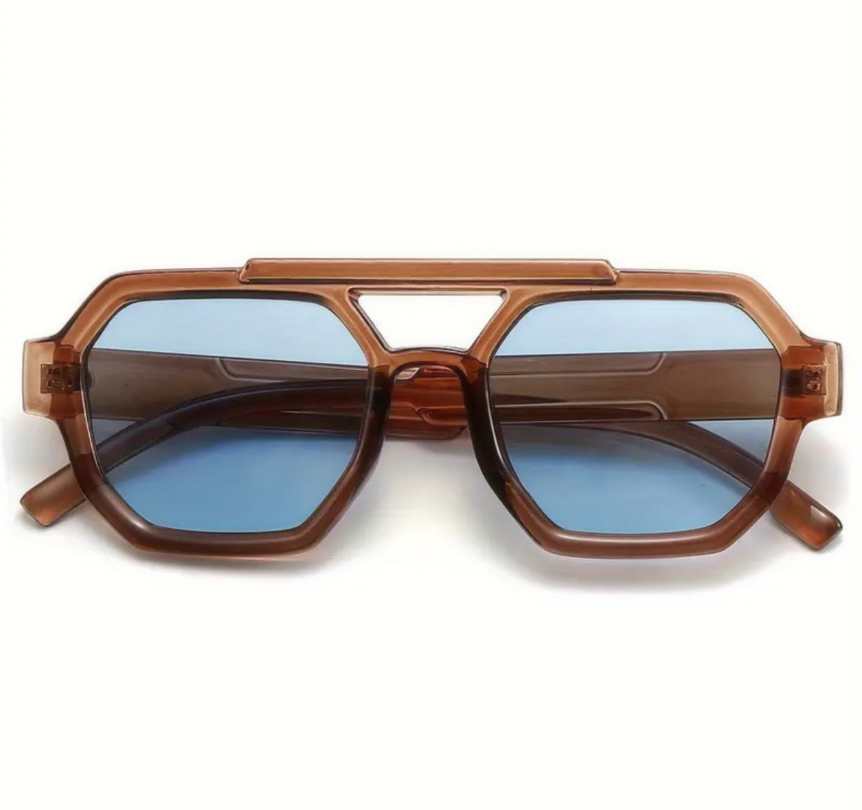 A pair of 80s style aviator sunglasses with a brown frame and blue lenses.