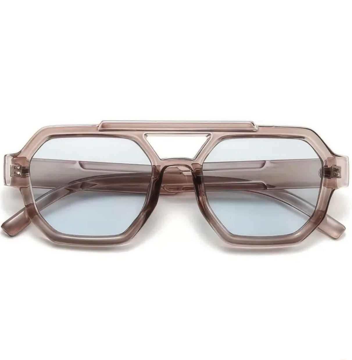 A pair of 80s style aviator sunglasses with a brown frame and blue lenses.