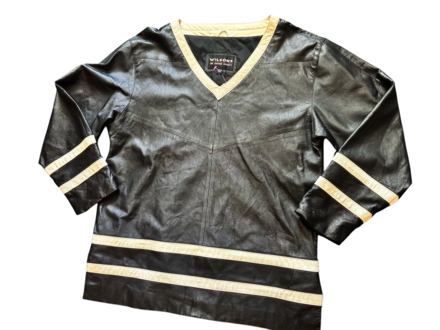 Black leather hockey jersey by Everythang Dope, edgy retro streetwear.