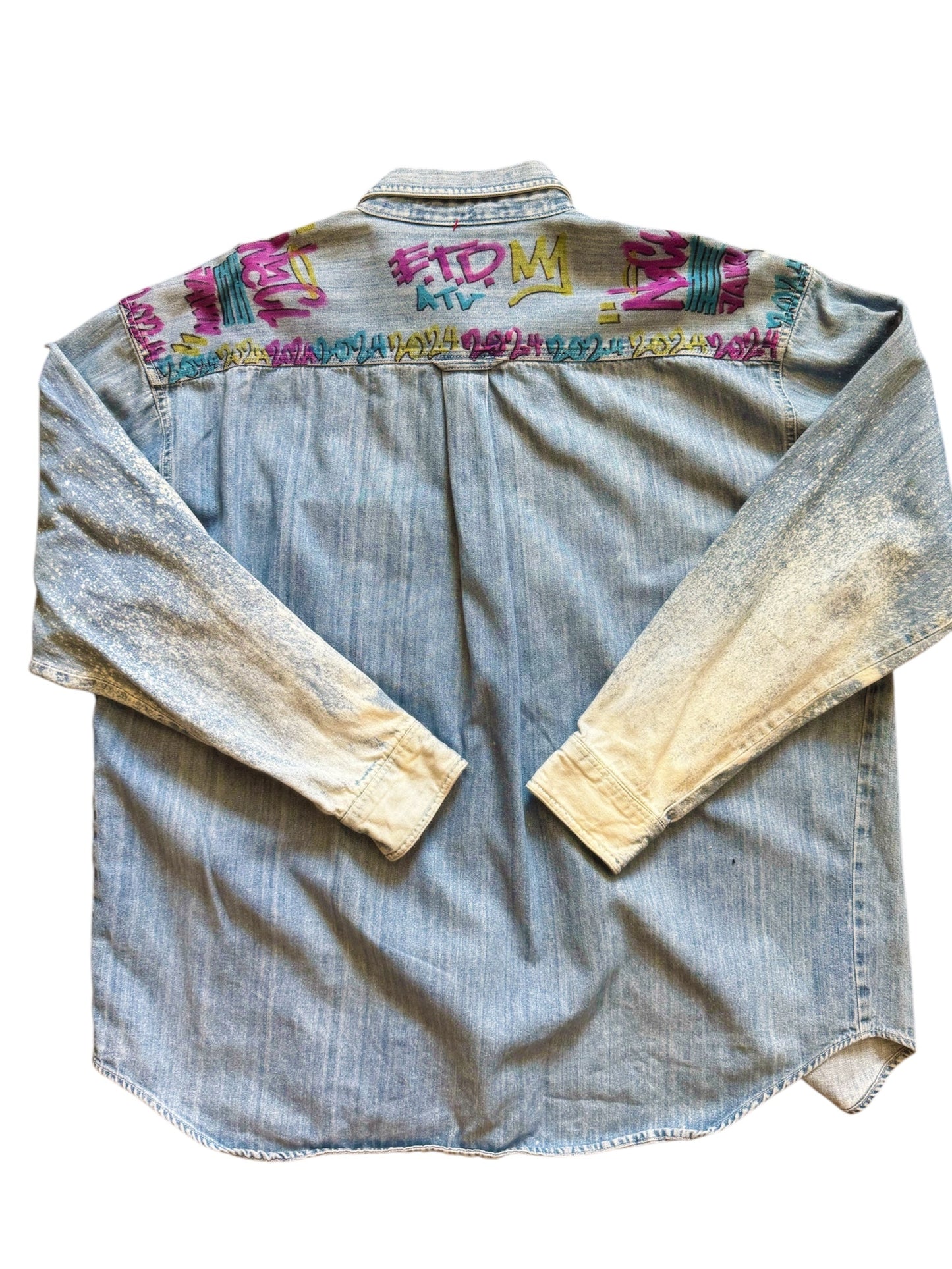 Custom denim jeans with Naclie Jawn multicolor graffiti by Everythang Dope, one-of-one streetwear.