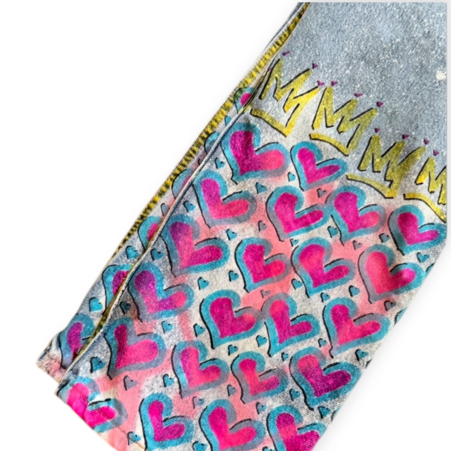 Custom denim jeans with Naclie Jawn multicolor graffiti by Everythang Dope, one-of-one streetwear.