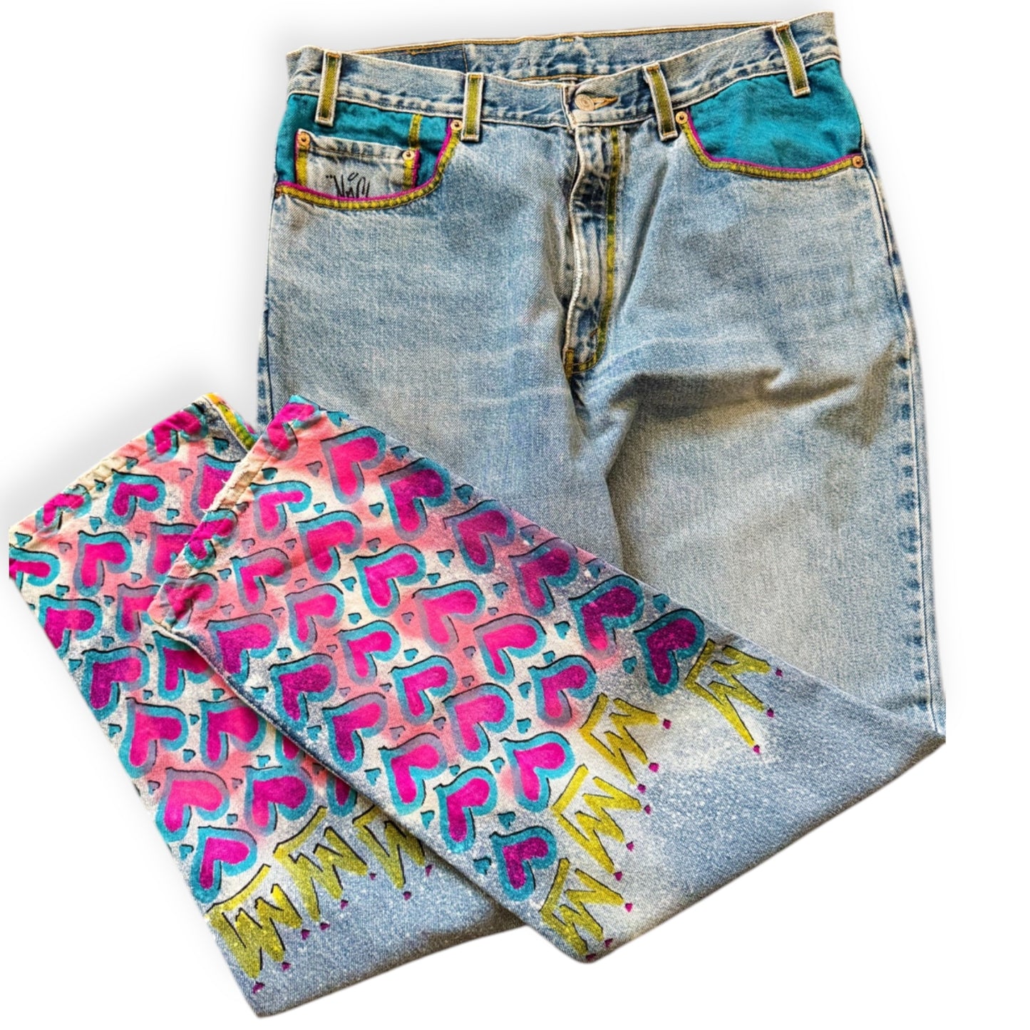 Custom denim jeans with Naclie Jawn multicolor graffiti by Everythang Dope, one-of-one streetwear.