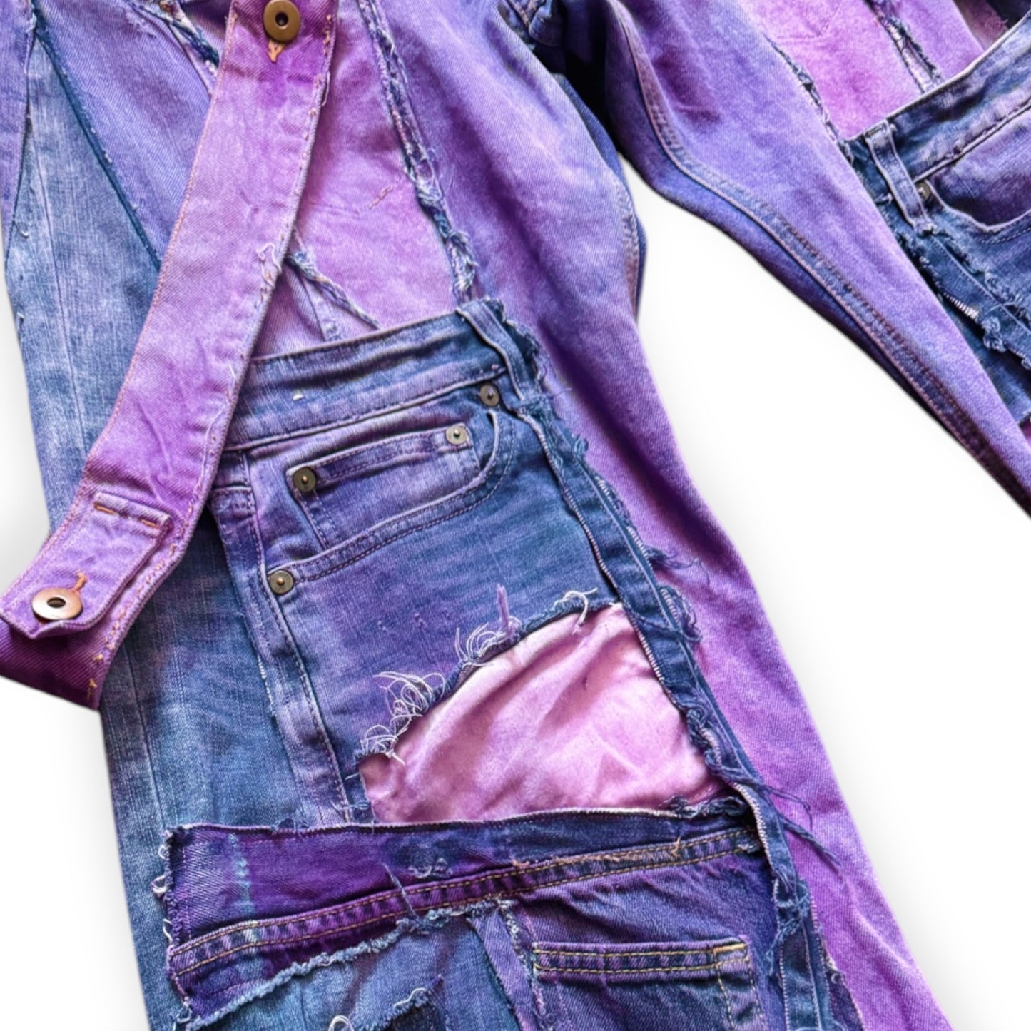 Custom upcycled purple junk jeans with scrap denim by Everythang Dope, sustainable streetwear.
