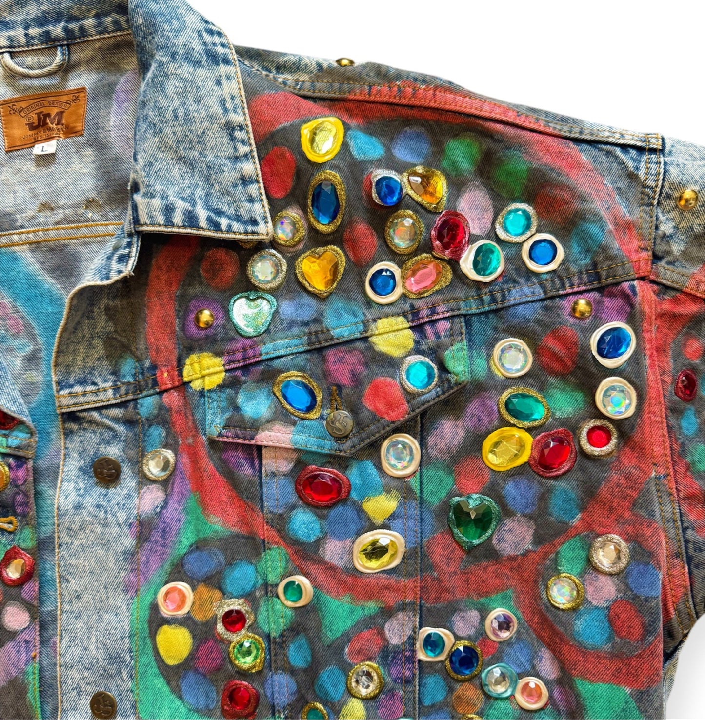 One-of-one denim jewel bedazzled jacket with geometric accents by Everythang Dope.