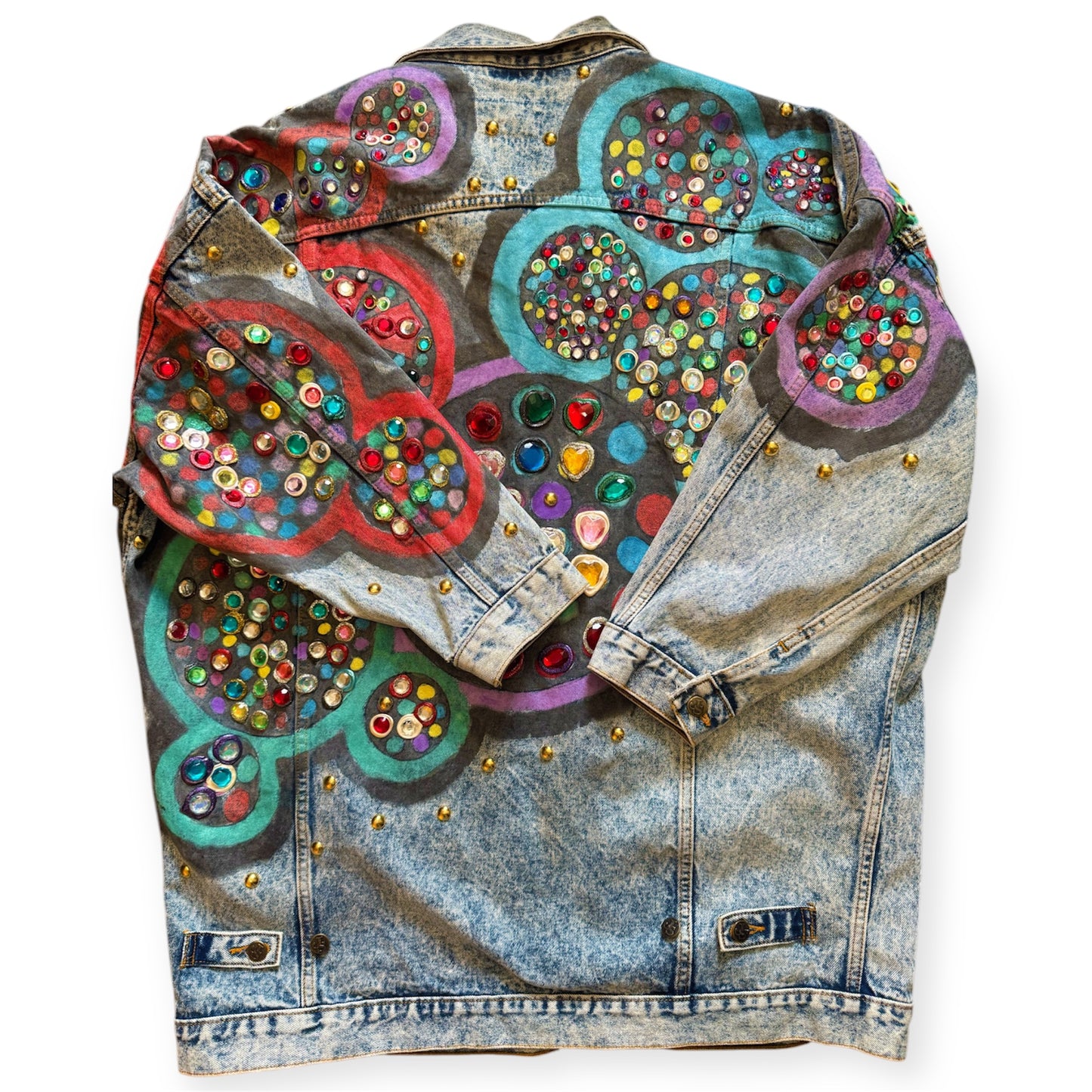 One-of-one denim jewel bedazzled jacket with geometric accents by Everythang Dope worn by NAO