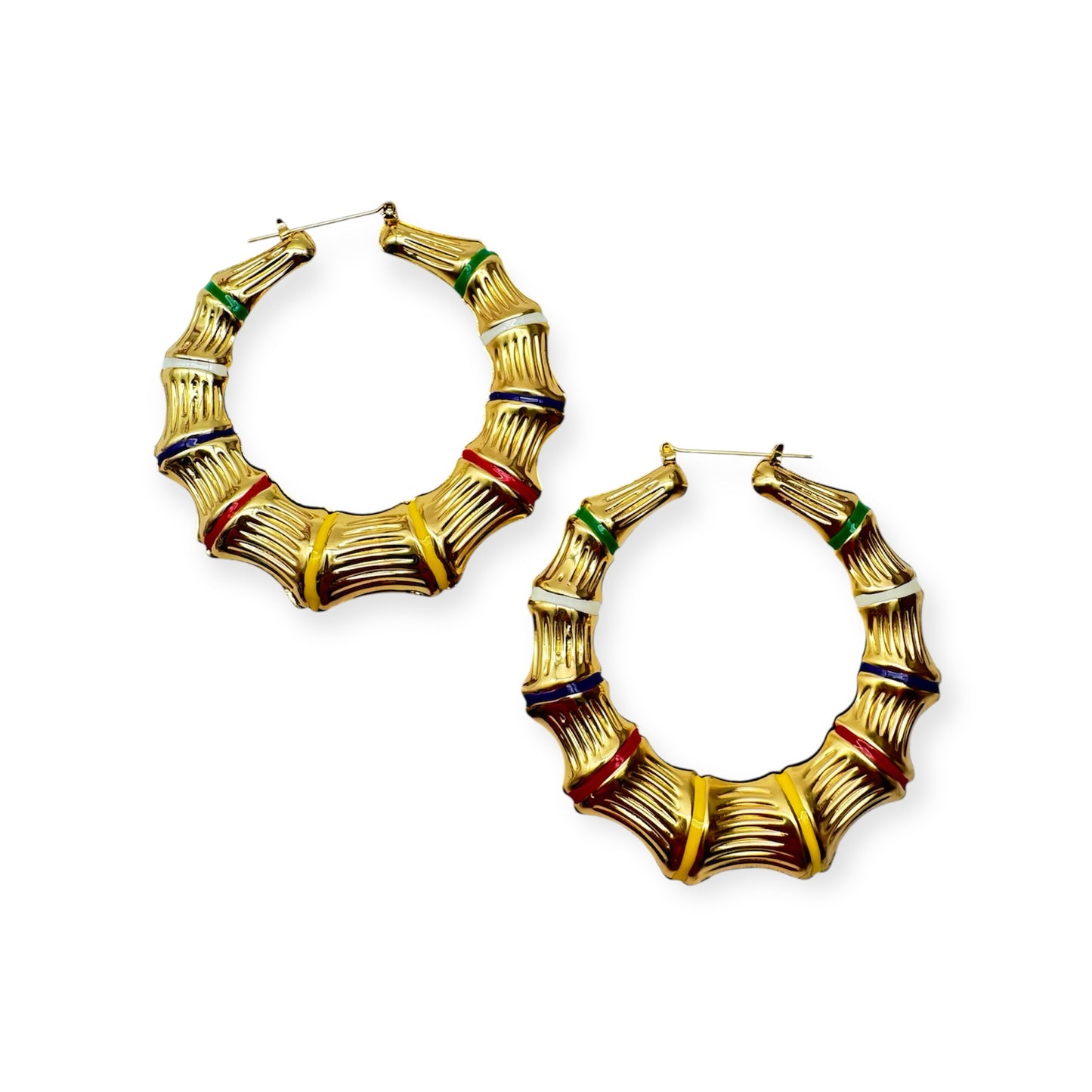 A pair of vintage gold hoop earrings with a textured surface. Multicolor circle bamboo by Everythang Dope, bold retro jewelry.