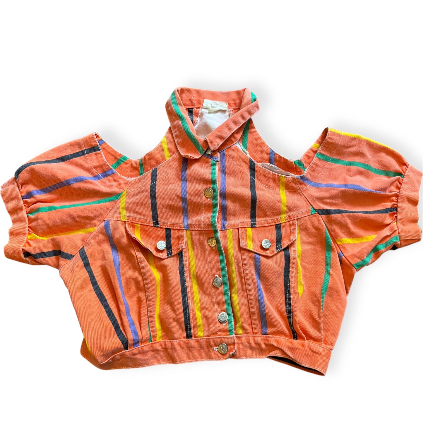 A vintage Navi jacket with multicolored stripes, featuring a crew neckline and short sleeves. Navi vintage jacket with multicolored stripes, bold 80s retro statement piece.