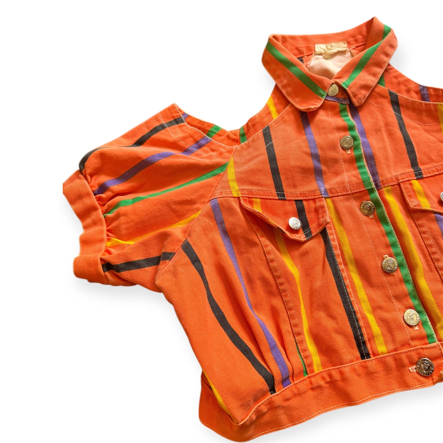 Navi vintage jacket with multicolored stripes, bold 80s retro statement piece.