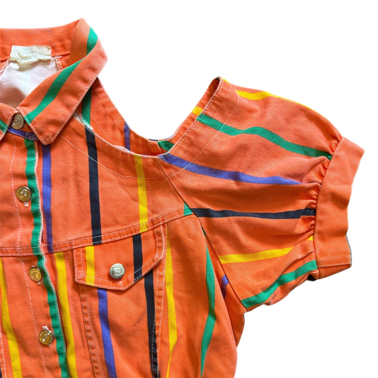 Navi vintage jacket with multicolored stripes, bold 80s retro statement piece.