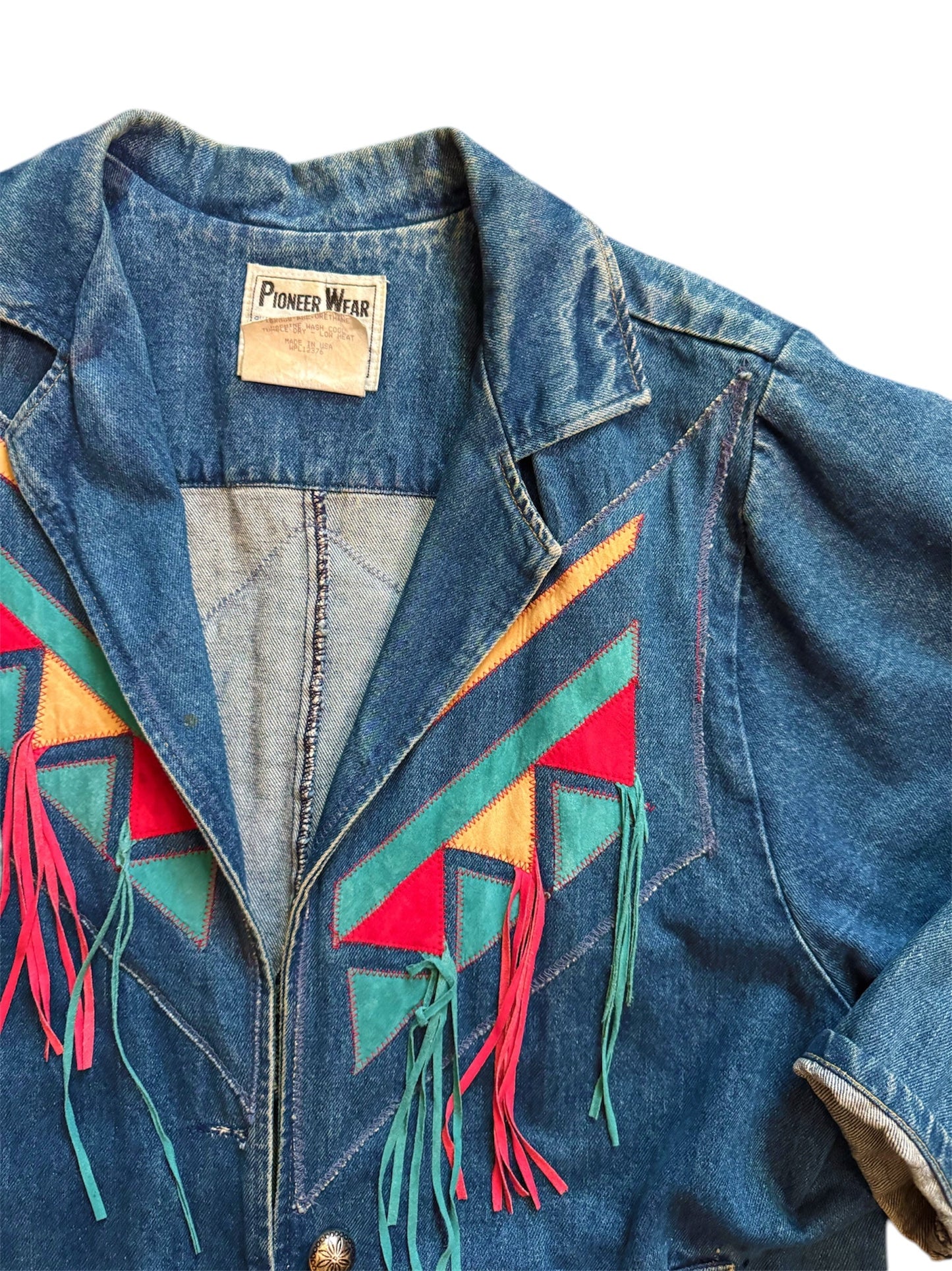 1980s Pioneer Wear denim trench with Aztec pattern, rare vintage find from Everythang Dope.