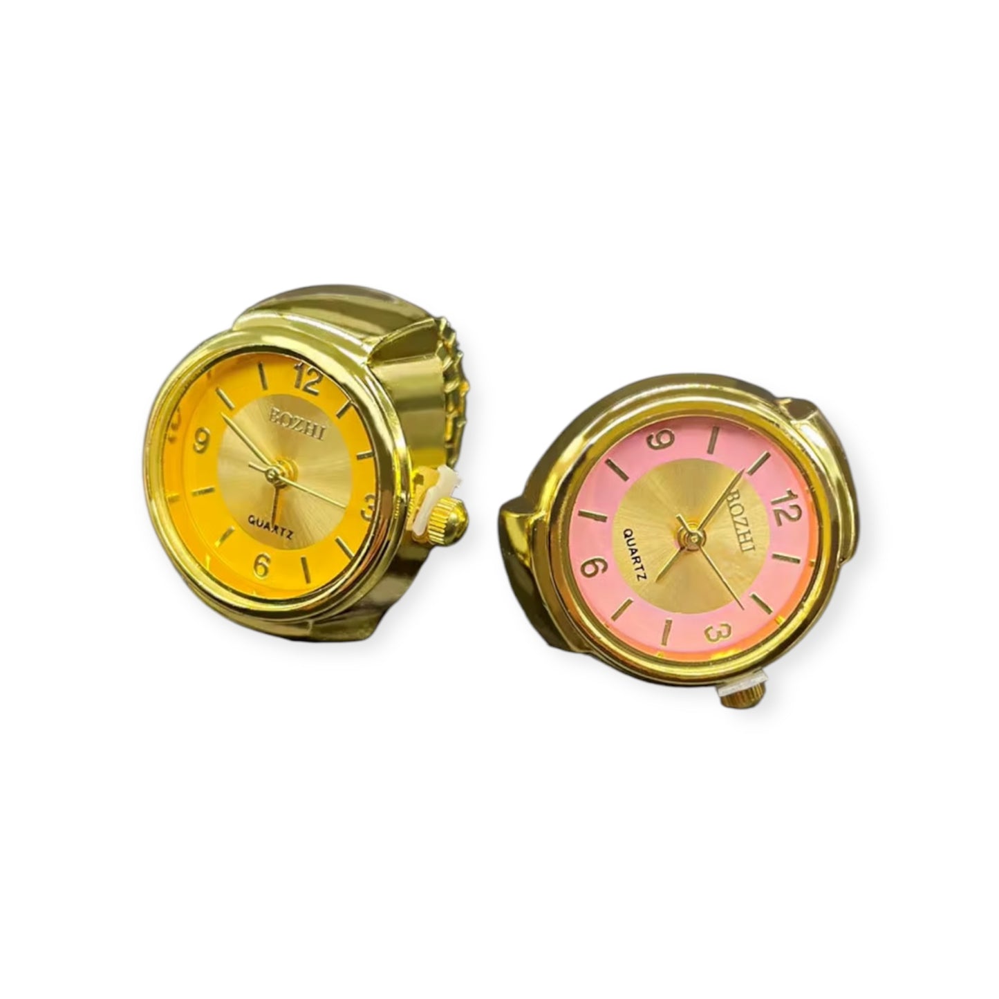 assorted ring watches in blue, yellow, pink, rosegold, and green with colorful faces, Everythang Dope vintage accessories.