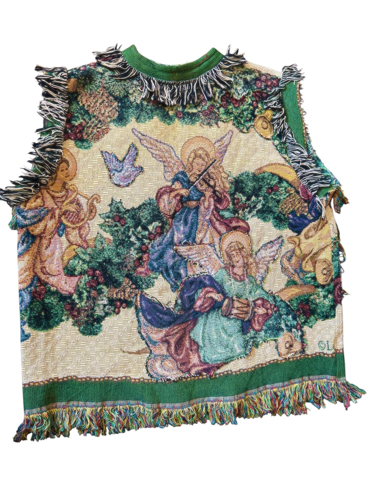 A multicolored tapestry vest featuring an angel design with intricate artwork and a fringed neckline.