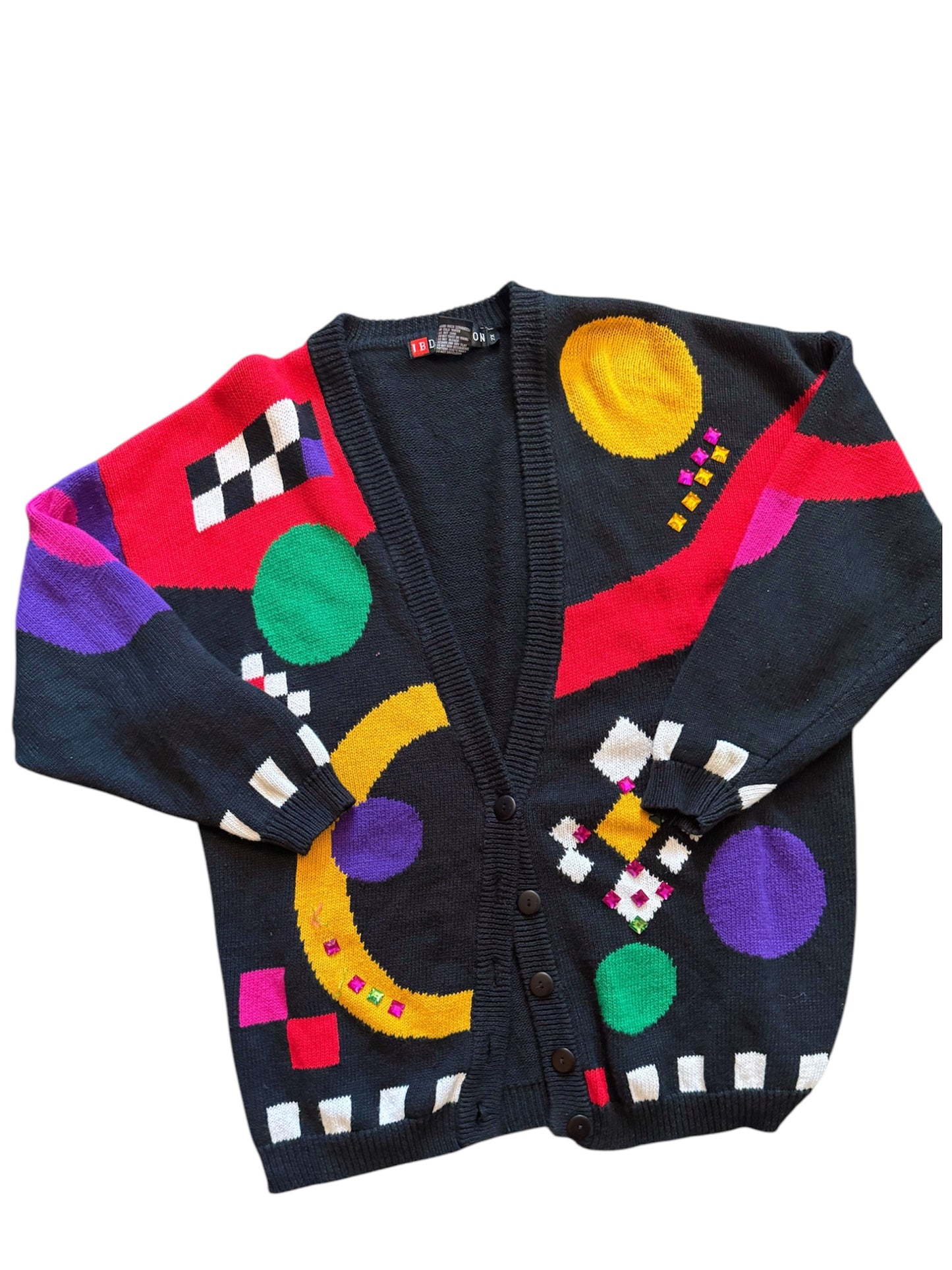 Vintage IB Diffusion cardigan with colorful geometric patterns on a black background