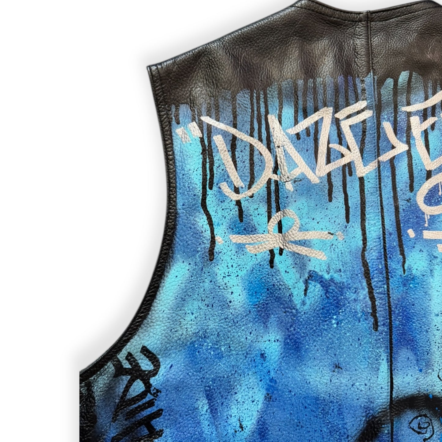 Vintage leather vest hand-painted with graffiti by Everythang Dope, custom streetwear statement piece.