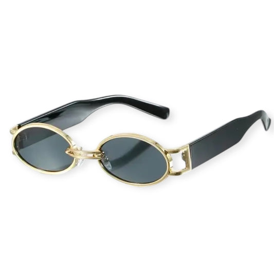 A pair of vintage 90s style sunglasses with gold frame and black lenses.
