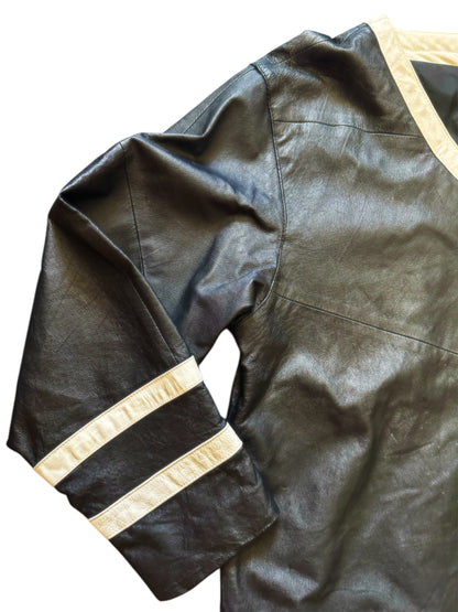Black leather hockey jersey by Everythang Dope, edgy retro streetwear.