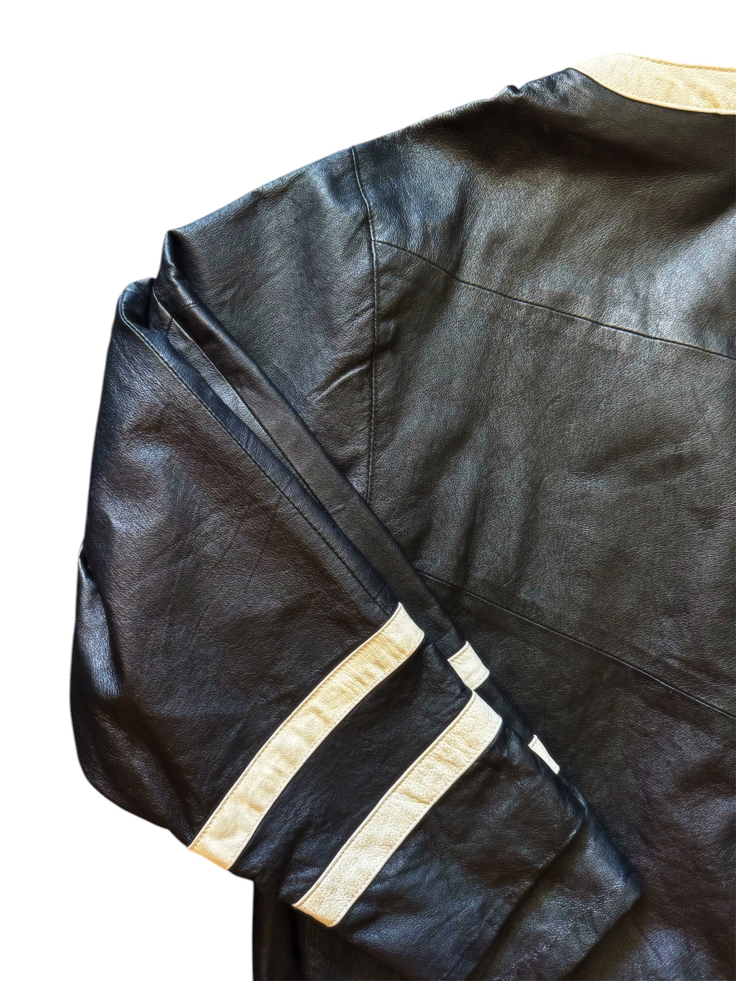 Black leather hockey jersey by Everythang Dope, edgy retro streetwear.