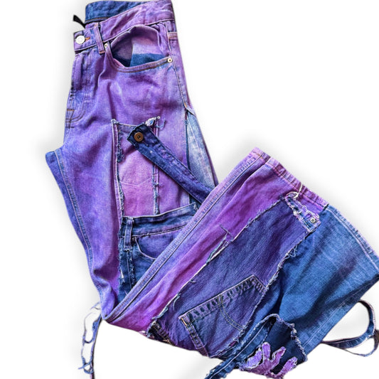 Custom upcycled purple junk jeans with scrap denim by Everythang Dope, sustainable streetwear.