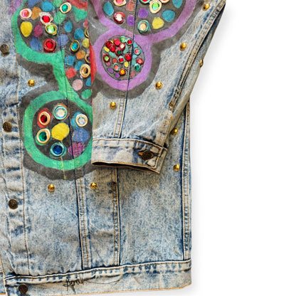  One-of-one denim jewel bedazzled jacket with geometric accents by Everythang Dope