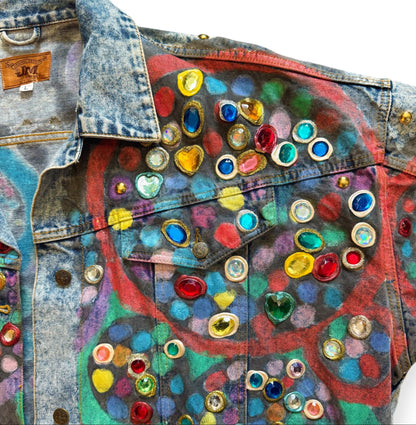 One-of-one denim jewel bedazzled jacket with geometric accents by Everythang Dope.