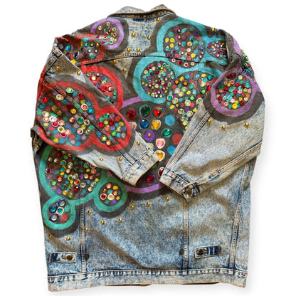 One-of-one denim jewel bedazzled jacket with geometric accents by Everythang Dope worn by NAO