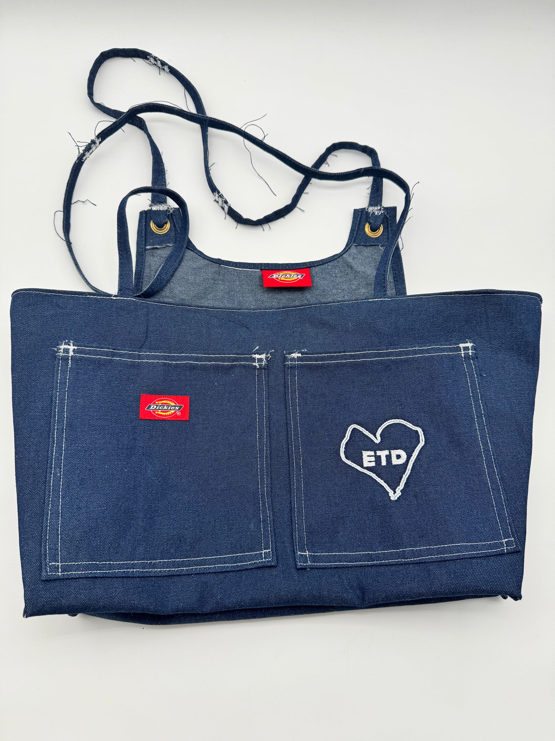 Custom denim branded bag by Everythang Dope, upcycled vintage streetwear accessory.