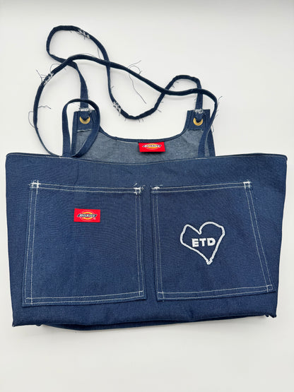 Custom denim branded bag by Everythang Dope, upcycled vintage streetwear accessory.