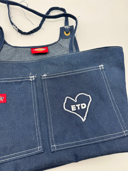 Custom denim branded bag by Everythang Dope, upcycled vintage streetwear accessory.