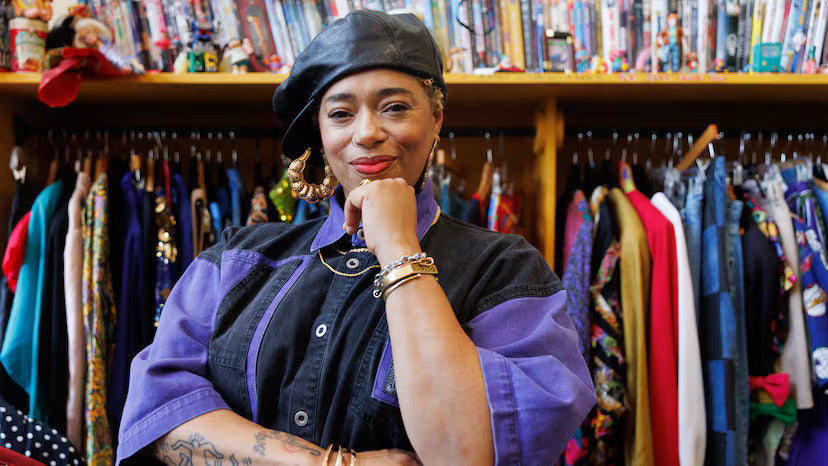 Nikki Harris in Atlanta wearing a black beret and a purple and black denim shirt stands in front of a clothing rack filled with colorful garments.