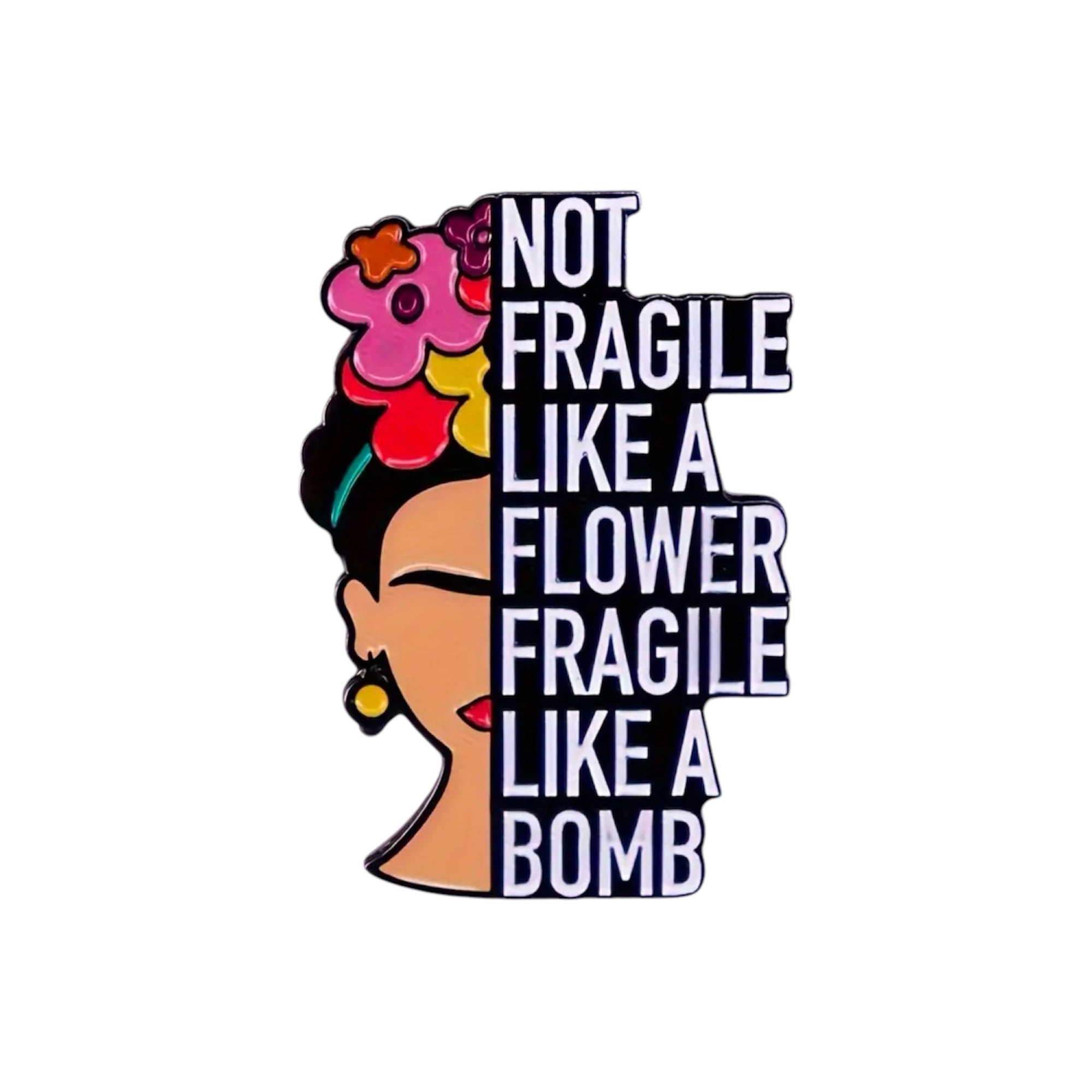 An enamel pin with a bold, cartoonish design featuring a character with yellow hair and a pinkish complexion.