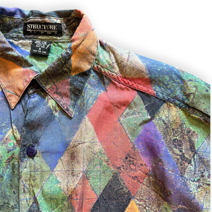 1990s geometric patterned button-up shirt by Everythang Dope, colorful retro fashion.