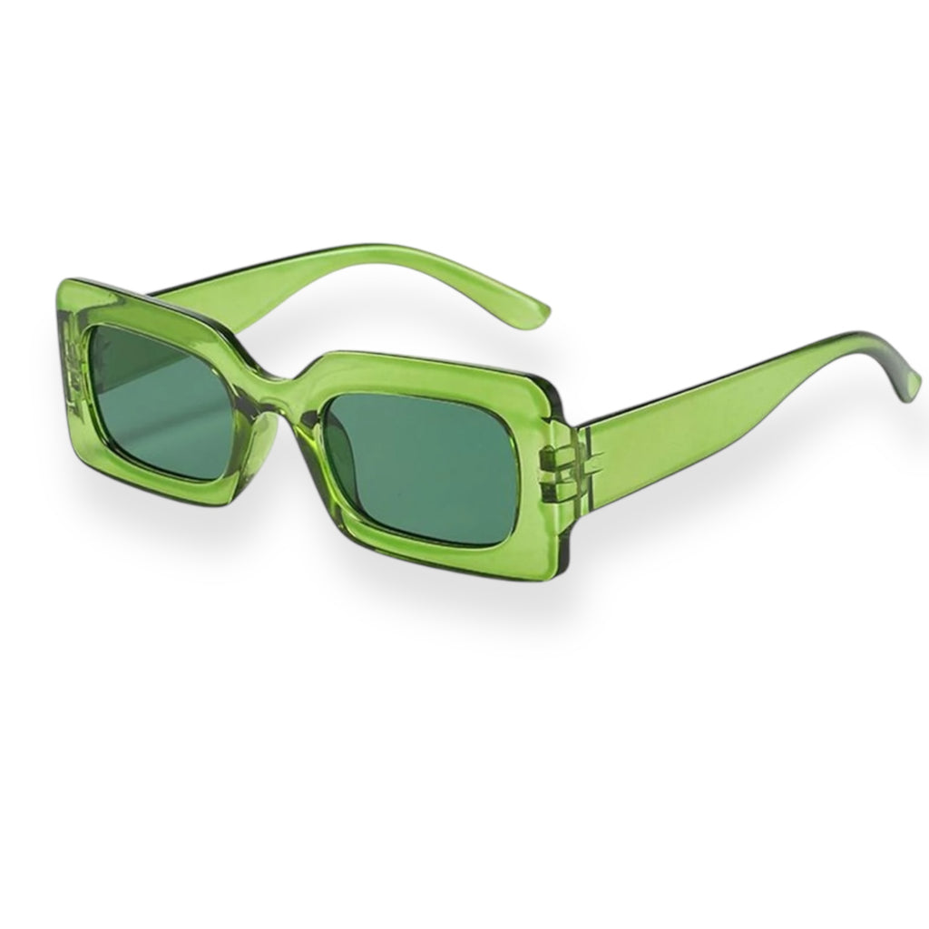 Green square sunglasses by Everythang Dope, vintage streetwear style.