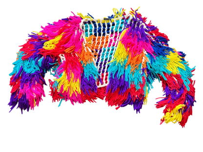 Multicolor fuzzy jacket by Everythang Dope, bold retro streetwear outerwear.