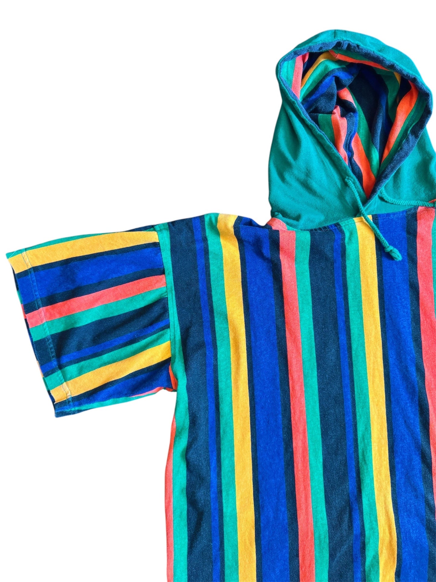 Teal and multicolor short sleeve hoodie from Everythang Dope, 90s streetwear vibes.