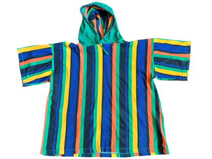 A striped hooded tee with short sleeves, featuring colors blue, green, yellow, and red.
