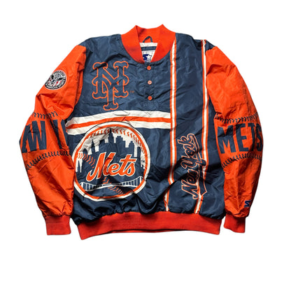 Vintage New York Mets Starter pullover jacket with orange and blue color scheme, featuring the Mets logo and text graphics on the sleeves. Vintage New York Mets bomber jacket by Everythang Dope, retro sportswear collectible.
