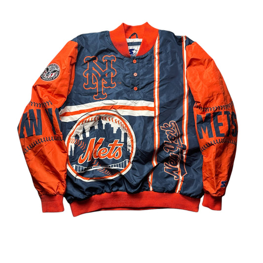 Vintage New York Mets Starter pullover jacket with orange and blue color scheme, featuring the Mets logo and text graphics on the sleeves. Vintage New York Mets bomber jacket by Everythang Dope, retro sportswear collectible.