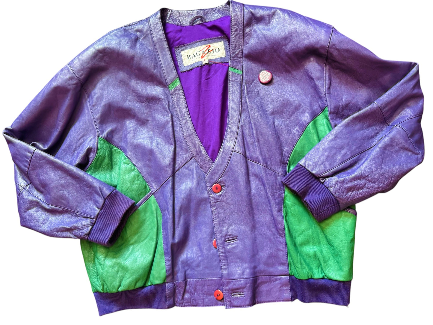  Purple and green retro leather sweater by Everythang Dope, vintage streetwear.