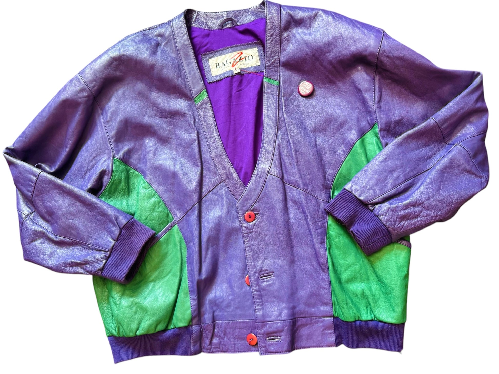  Purple and green retro leather sweater by Everythang Dope, vintage streetwear.