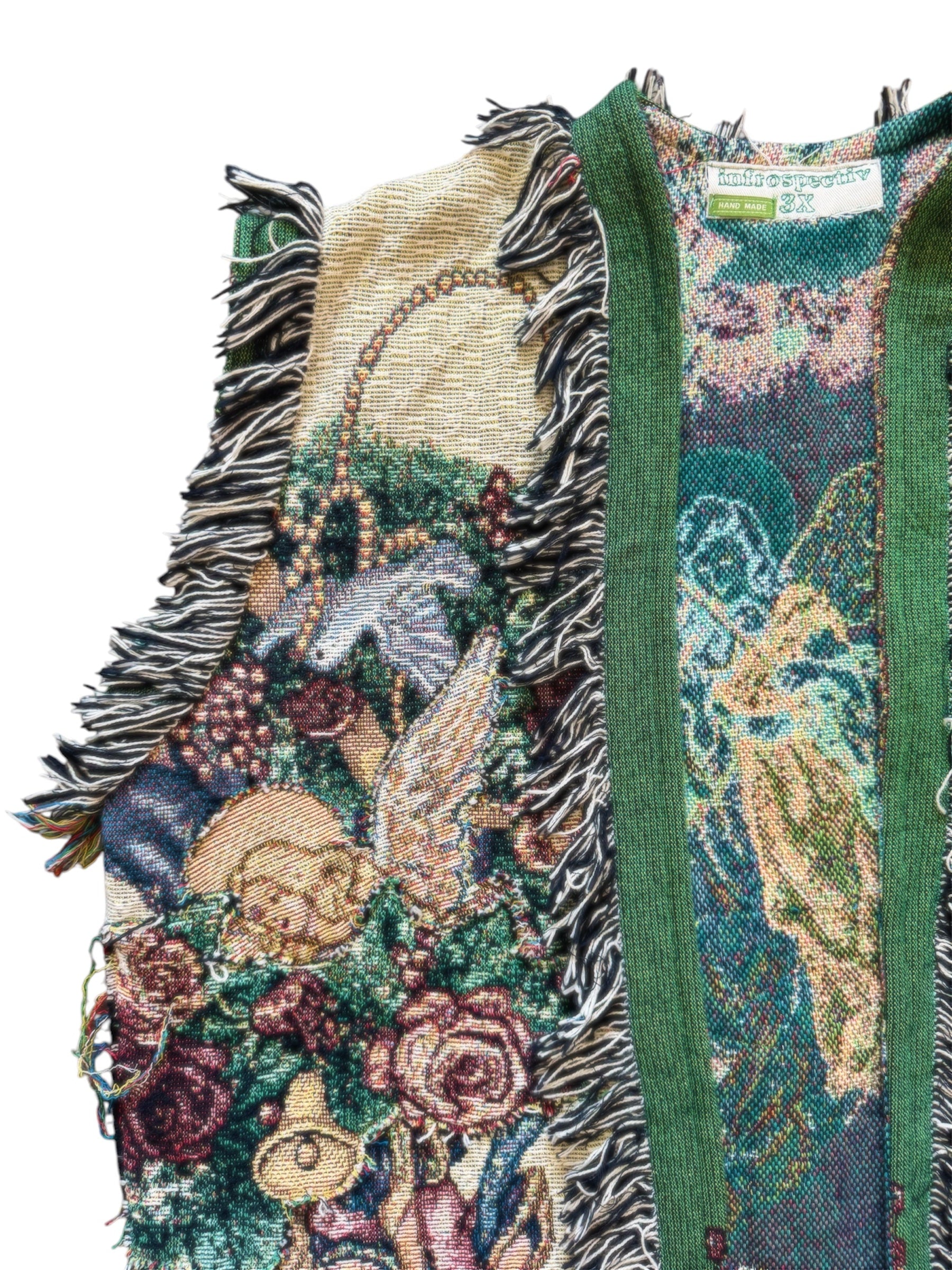 One-of-a-kind angel tapestry vest by Everythang Dope, handcrafted upcycled vintage.