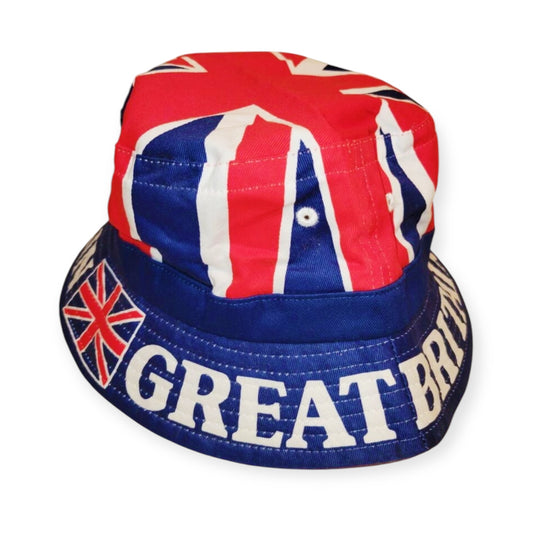 A vintage 1990s United Kingdom themed bucket hat with a bold design, featuring the Union Jack and the word 'GREAT BRITAIN'. British Knights vintage bucket hat with England flag, 90s hip-hop style.