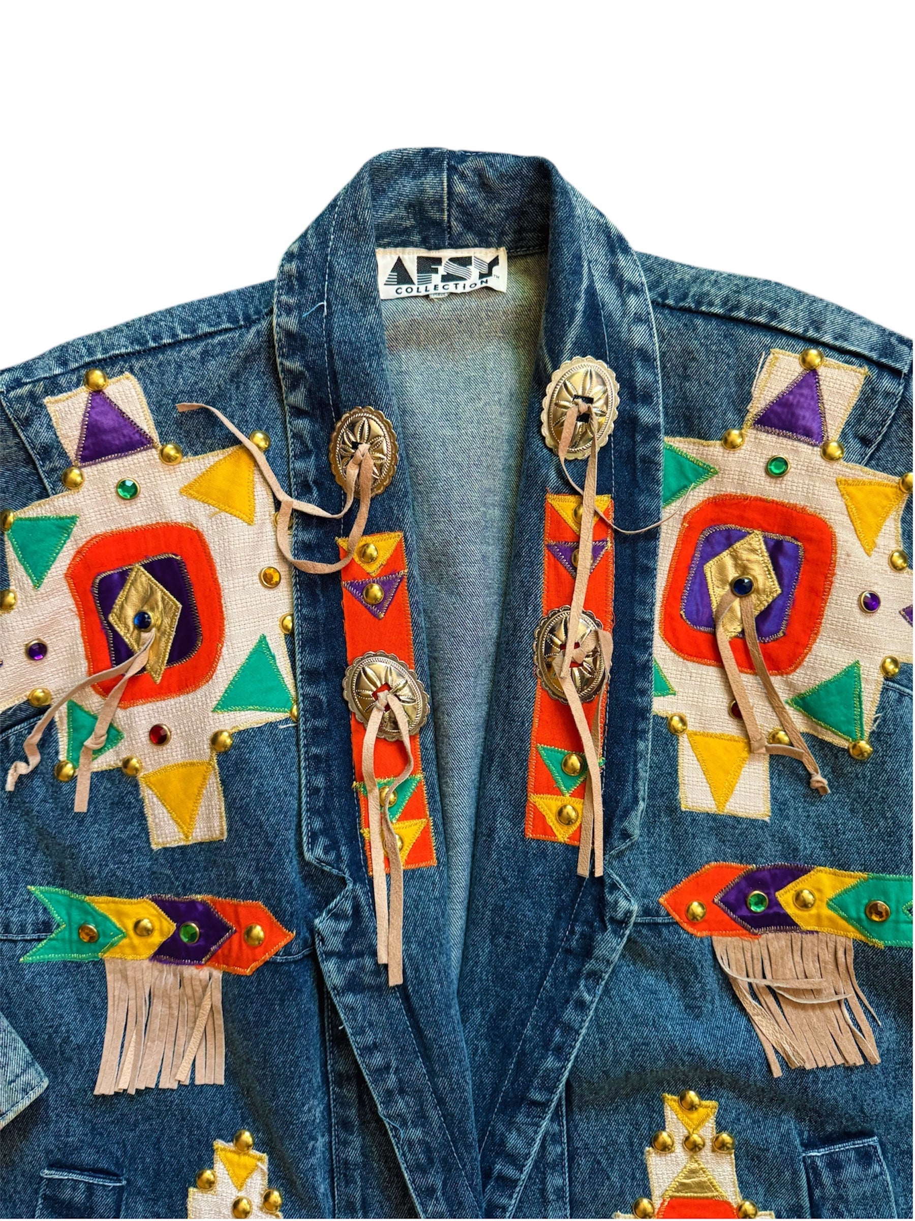 Vintage denim jacket with Aztec multicolor pattern, 90s retro outerwear by Everythang Dope.