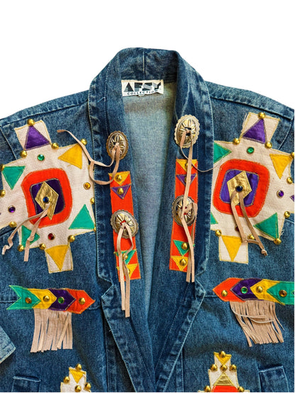 Vintage denim jacket with Aztec multicolor pattern, 90s retro outerwear by Everythang Dope.