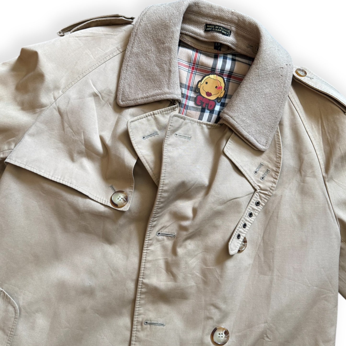 Lux vintage khaki trench coat by Everythang Dope, timeless outerwear piece with elevated retro style.