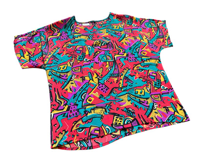 Vintage red 80s top with abstract Art Deco design, retro fashion from Everythang Dope.