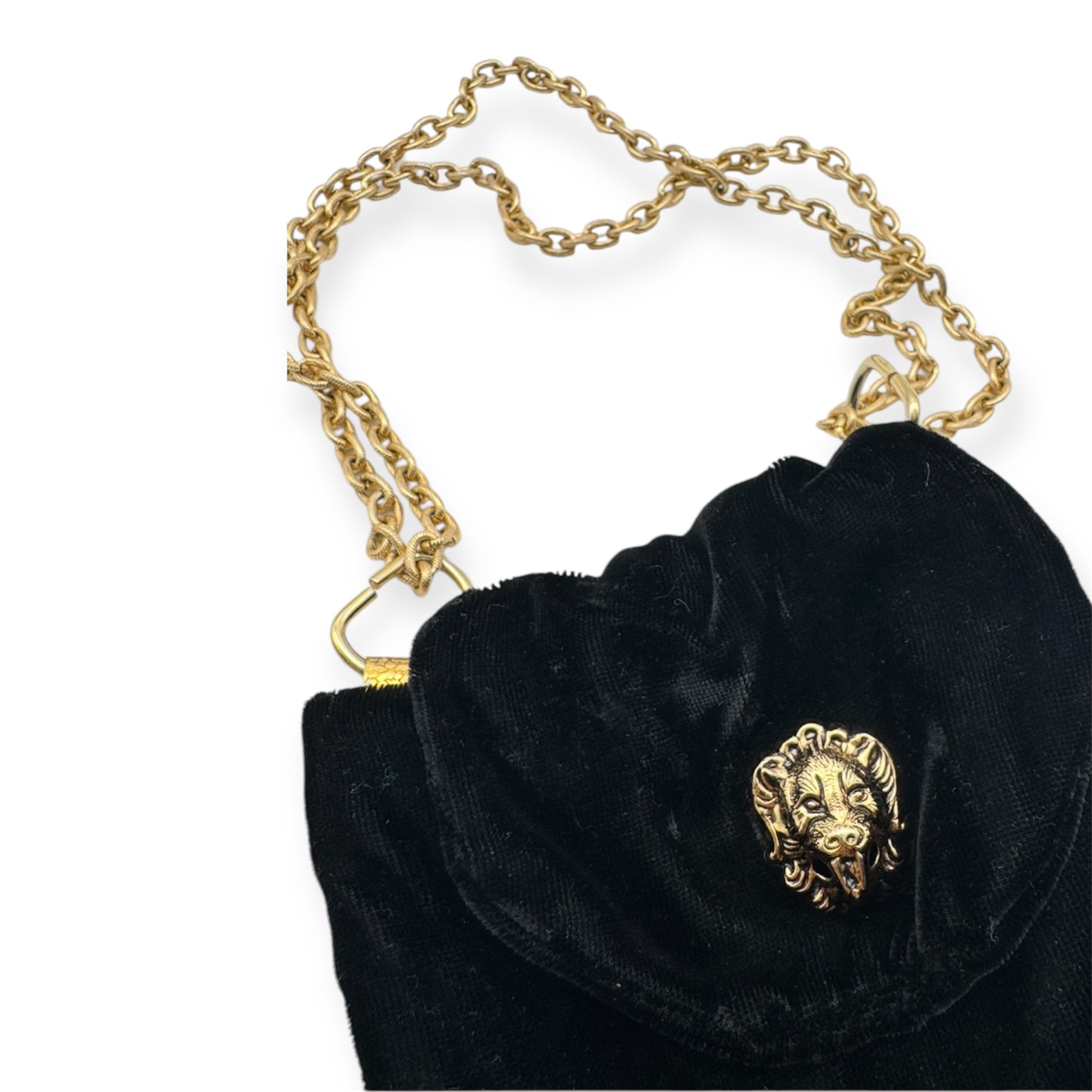 Vintage black suede bag with gold chain and brooch by Everythang Dope, luxe retro style.