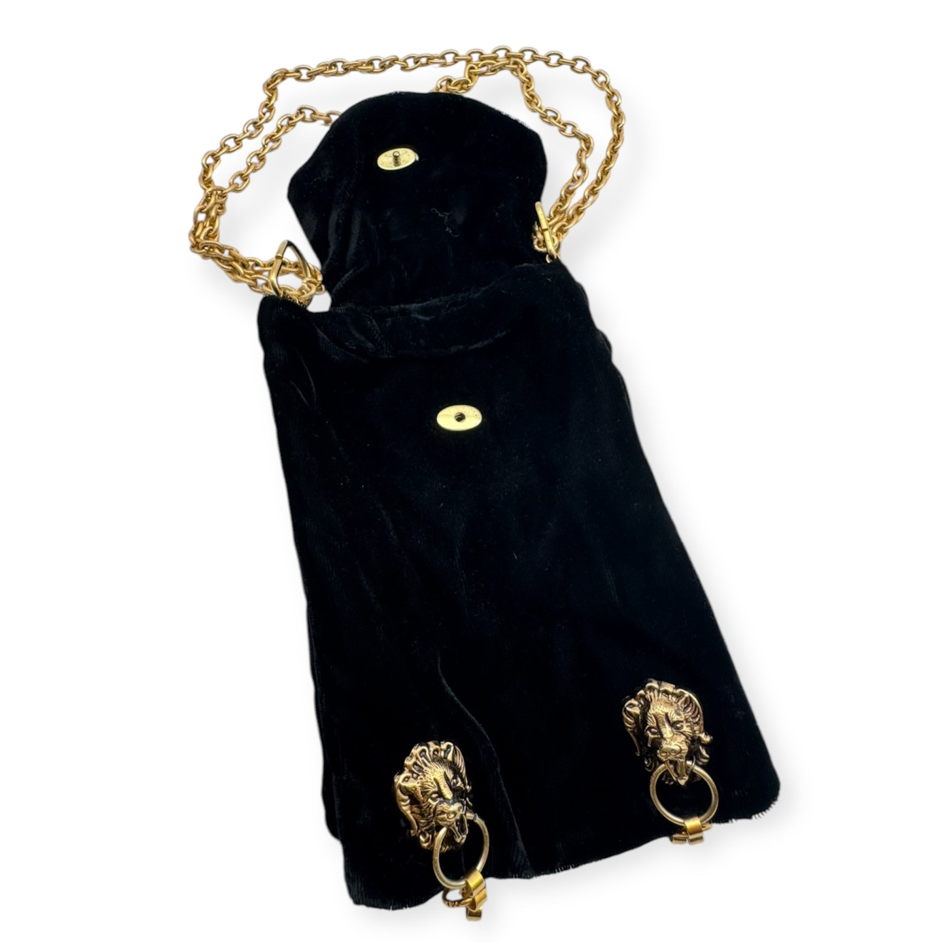 Vintage black suede bag with gold chain and brooch by Everythang Dope, luxe retro style.
