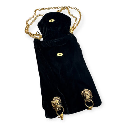 Vintage black suede bag with gold chain and brooch by Everythang Dope, luxe retro style.
