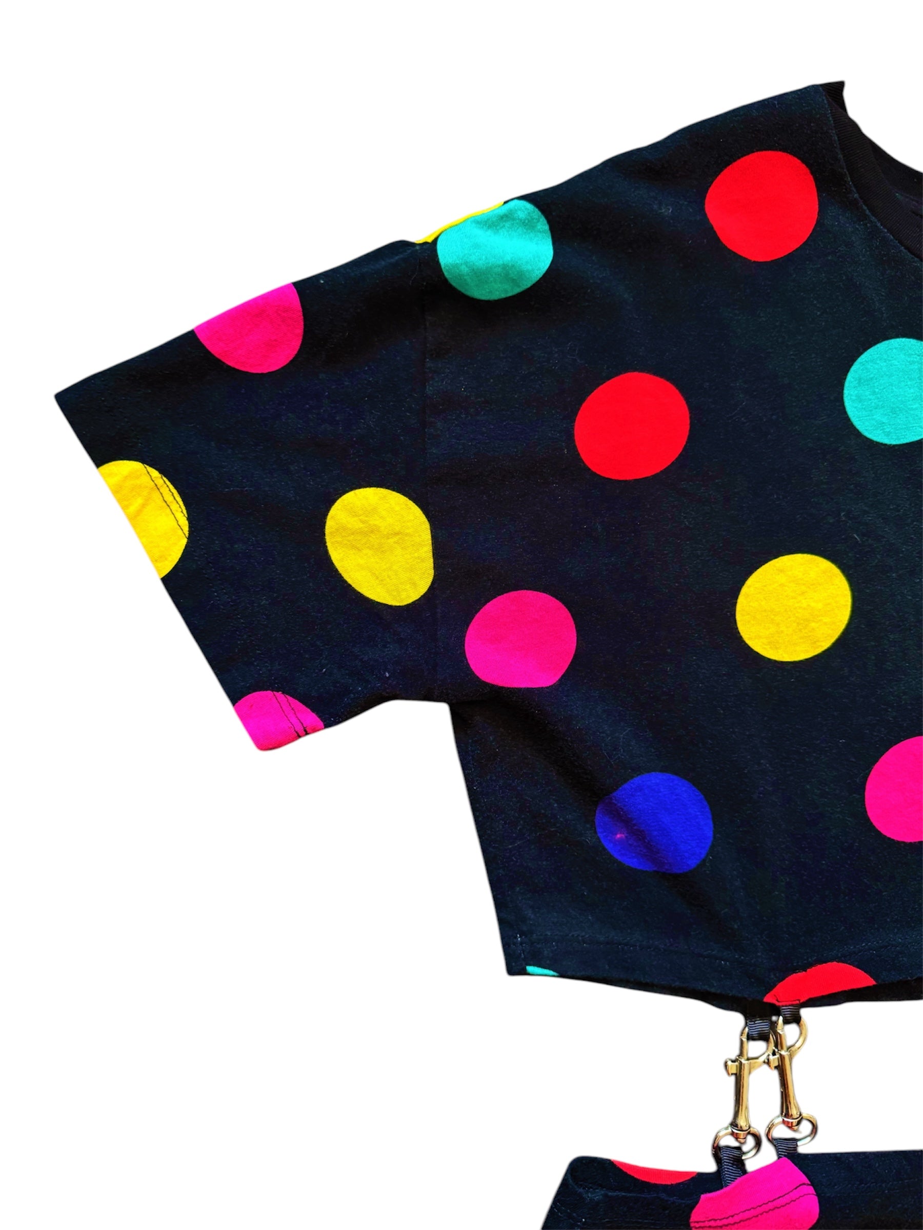 Black polka dot vintage two-piece set with gold chain detail, 80s glam by Everythang Dope.