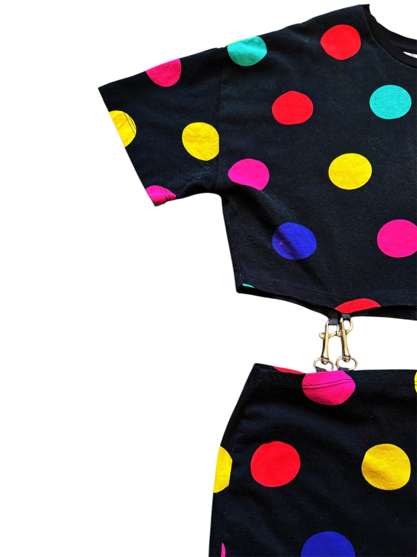 Black polka dot vintage two-piece set with gold chain detail, 80s glam by Everythang Dope.